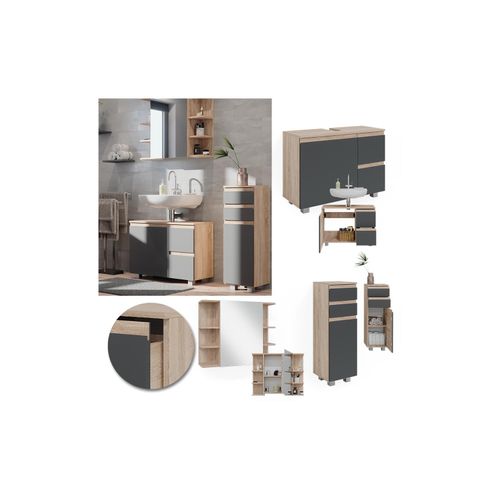4066731243174 - Badmöbelset J-shape Sonoma Anthrazit modern Badezimmer Schrank Badschrank Waschtischunterschrank Spiegelschrank Midischrank Schranktür Schrankschublade Schrankfach Ablage Aufbewahrung