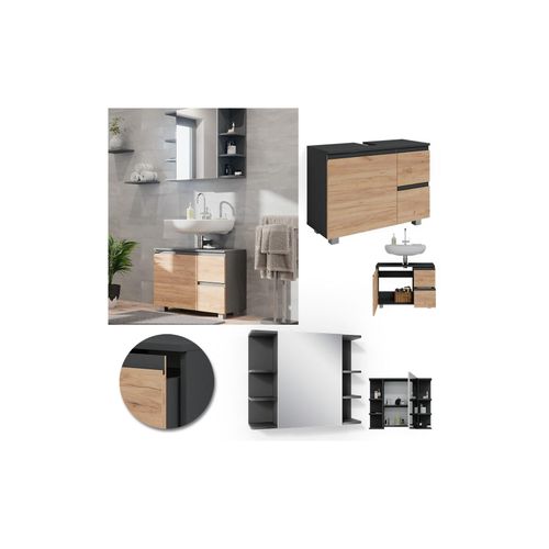 4066731058679 - Badmöbelset J-shape Anthrazit Eiche modern Badezimmer Schrank Badschrank Waschtischunterschrank Spiegelschrank Schranktür Schrankschublade Aufbewahrung