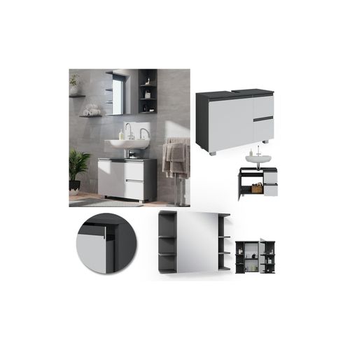 4066731243143 - Badmöbelset J-shape Anthrazit Weiß modern Badezimmer Schrank Badschrank Waschtischunterschrank Spiegelschrank Schranktür Schrankschublade Aufbewahrung