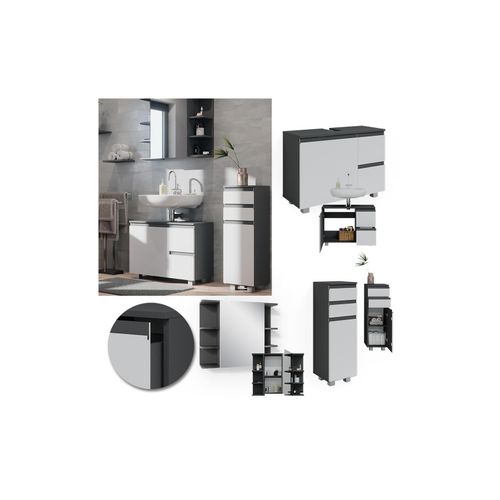 4066731243136 - Badmöbelset J-shape Anthrazit Weiß modern Badezimmer Schrank Badschrank Waschtischunterschrank Spiegelschrank Midischrank Schranktür Schrankschublade Schrankfach Ablage Aufbewahrung