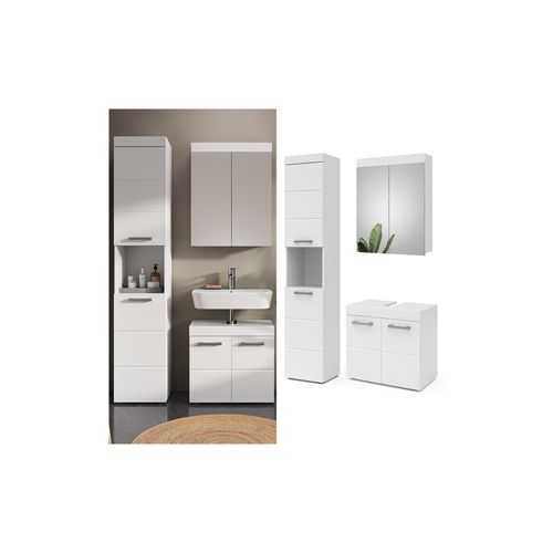 4066731227204 - Badmöbelset Luna Weiß Skandi Badezimmerschrank Badschrank Waschtischunterschrank Spiegelschrank Hochschrank Schranktür Schrankfach Ablage Aufbewahrung