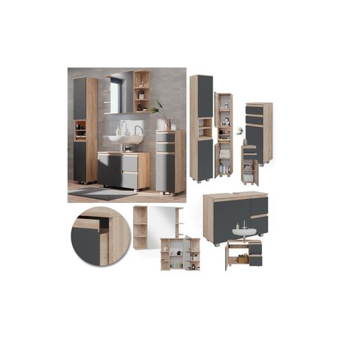 4066731243150 - Badmöbelset J-shape Sonoma Anthrazit modern Badezimmer Schrank Badschrank Waschtischunterschrank Spiegelschrank Midischrank Hochschrank Schranktür Schrankschublade Schrankfach Ablage Aufbewahrung
