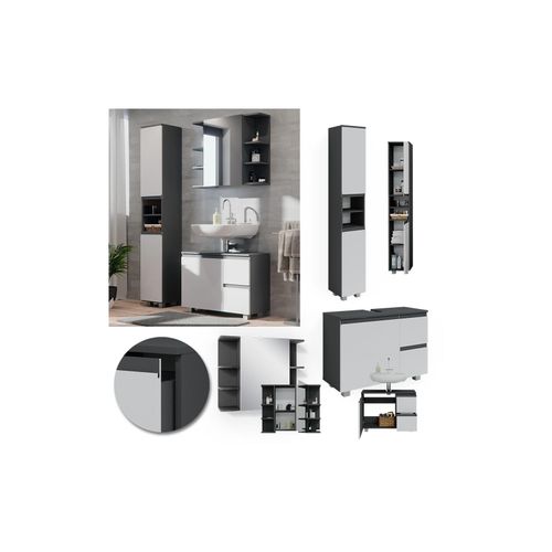 4066731243129 - Badmöbelset J-shape Anthrazit Weiß modern Badezimmer Schrank Badschrank Waschtischunterschrank Spiegelschrank Hochschrank Schranktür Schrankschublade Schrankfach Ablage Aufbewahrung