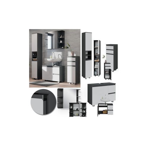 4066731243112 - Badmöbelset J-shape Anthrazit Weiß modern Badezimmer Schrank Badschrank Waschtischunterschrank Spiegelschrank Midischrank Hochschrank Schranktür Schrankschublade Schrankfach Ablage Aufbewahrung