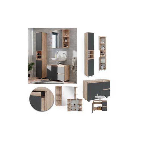 4066731243167 - Badmöbelset J-shape Sonoma Anthrazit modern Badezimmer Schrank Badschrank Waschtischunterschrank Spiegelschrank Hochschrank Schranktür Schrankschublade Schrankfach Ablage Aufbewahrung