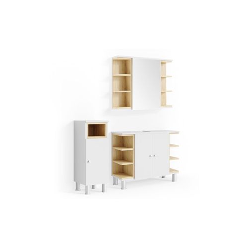 4251421965089 - Badmöbel Set AQUIS Weiß Eiche Spiegel Waschtisch Unterschrank Midischrank