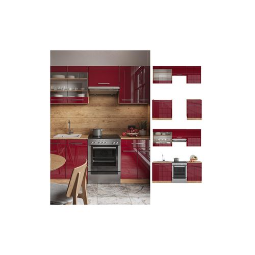 4066731172955 - Küchenzeile Küchenblock Einbauküche Fame-Line Eiche Bordeaux Rot 200 cm modern Küchen Schränke Schubunterschrank Spülenunterschrank Hängeschrank Hängeglasschrank Hochglanz