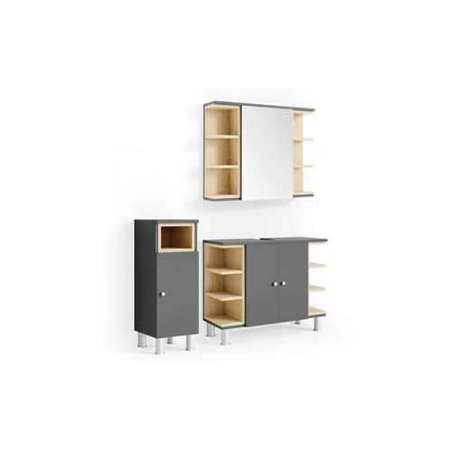 4251421965119 - Badmöbel Set AQUIS Anthrazit Spiegel Waschtisch Unterschrank Midischrank 4251421965119 - Badmöbel Set AQUIS Anthrazit Spiegel Waschtisch Unterschrank Midischrank