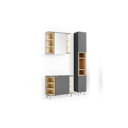 4251421965126 - Badmöbel Set AQUIS Anthrazit Spiegel Waschtisch Unterschrank Hochschrank