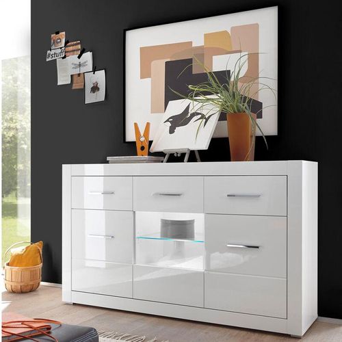 4251581530301 - Lomadox - Anrichte Sideboard BALVE-61 in weiß Hochglanz mit Glasausschnitt und Beleuchtung BxHxT 164x97x42cm - weiß