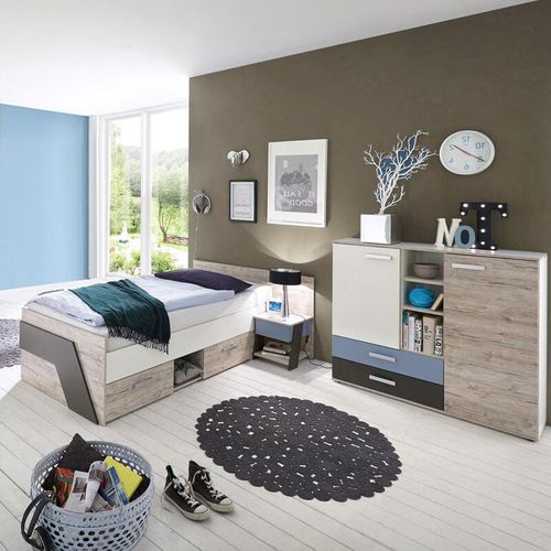 4251324911466 - Lomadox - Jugendzimmer Set mit Kommode 3-teilig LEEDS-10 in Sandeiche Nb mit weiß Lava und Denim Blau - grau