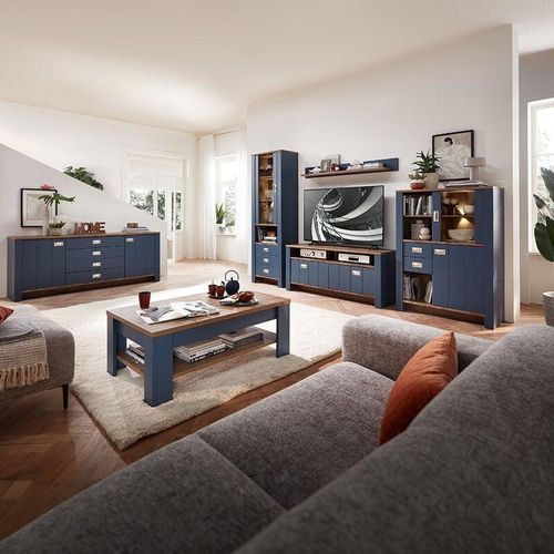 4066075120629 - Wohnwand blau DEVON-36 Landhaus mit Details in Eiche Nb 6-teilig inkl Couchtisch und Sideboard - blau