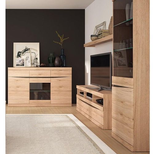 4066075108870 - Lomadox - Set Wohnwand und Sideboard mit Beleuchtung SANFORD-129 in Eiche hell Nb - braun