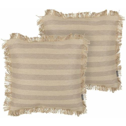 4255664846624 - Beliani - Dekokissen 2er Set Beige Gestreift aus Jute Baumwolle 45 x 45 cm Quadratisch Fransen Deko Dekoration Wohnaccessoires Wohnzimmer Schlafzimmer