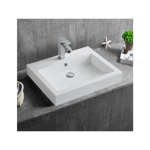 0716669485194 - - Wandwaschbecken Aufsatzbecken BS6049 aus Gussmarmor - 60 x 48 x 14 cm - Weiß glänzend