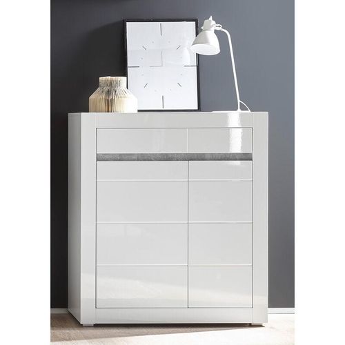 4251581528506 - Lomadox - Highboard in weiß Hochglanz COGO-61 mit Griffmulden in Betonoptik BxHxT 100x112x35cm - weiß