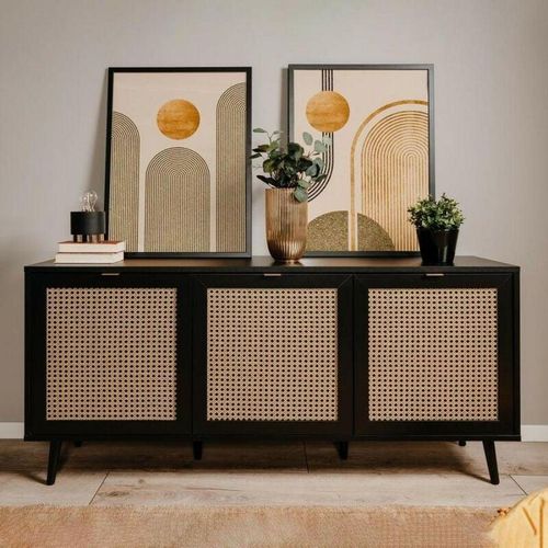 0645656395829 - Toscohome - Sideboard 150 cm mit 3 Türen in Schwarz mit Fronten in Flechtoptik - Vienna51A