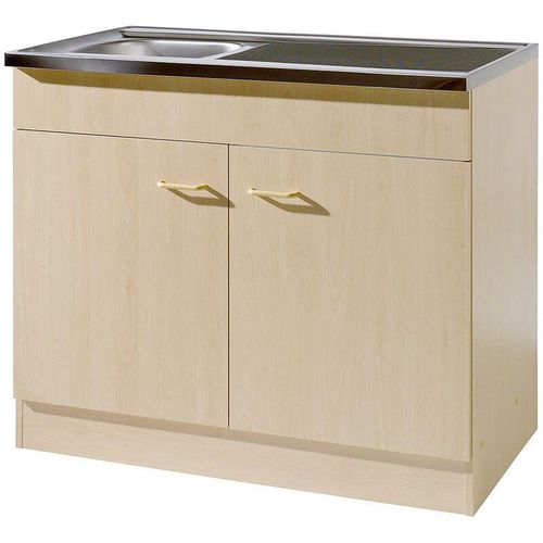 4251581583703 - Lomadox - Küchen-Spülenschrank 100cm mit Auflagespüle und Siphon SALERNO-03 Buche Dekor Breite b h t 100x85x50cm