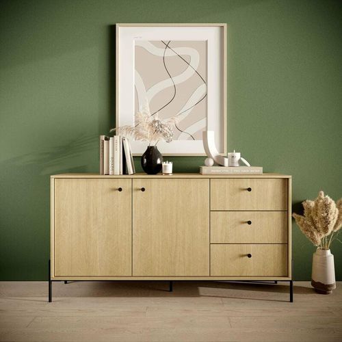 5905351287030 - Furnix - Schrank scandinawa 157 2d3s mit schwarze Metallfüße Scandi Eiche  Fischgräten