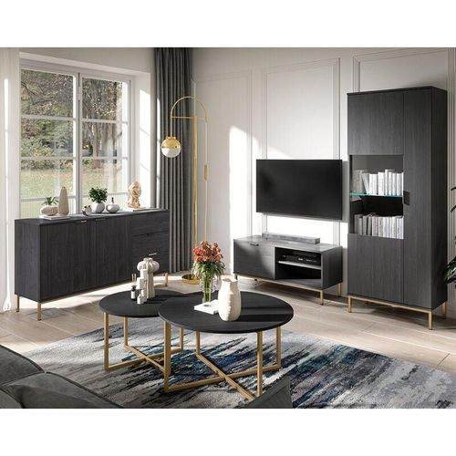 4066075081623 - Lomadox - Wohnzimmer Set PERIA-132 mit Sideboard Couchtischen Vitrine und tv Lowboard in Esche schwarz Nb mit led Beleuchtung - schwarz