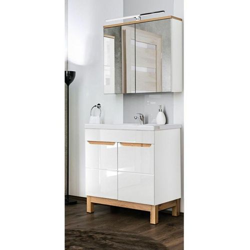 4251581556677 - Lomadox - Badmöbel Waschplatz Set mit 80cm Waschtisch & LED-Spiegelschrank SOLNA-56 in Hochglanz weiß b h t ca 80 200 46 cm - weiß