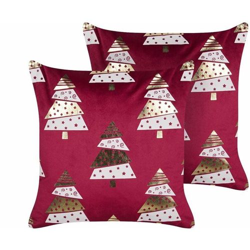 4255664838797 - Beliani - Dekokissen 2er Set in Rot aus Samtstoff 45 x 45 cm mit Gold Weiß Tannenbaum Motiv Weihnachten Weihnachtliche Kissen