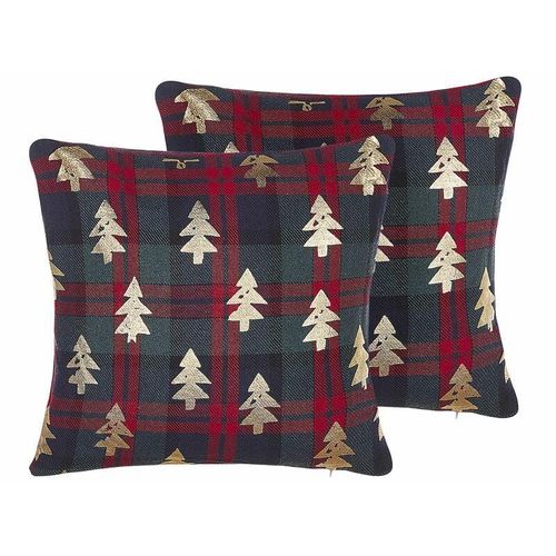 4251682270380 - Beliani - Dekokissen Rot Grün kariert Polyester 2er Set 45 x 45 cm Tannenmotiv Weihnachten Christmas