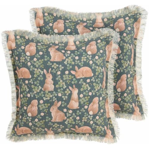 4255664837165 - Beliani - Dekokissen 2er Set Grün Stoffbezug mit Polyester-Füllung Fransen 45x45 cm Kaninchenmotiv Modern Accessories Wohn- u Schlafzimmer Flur Diele