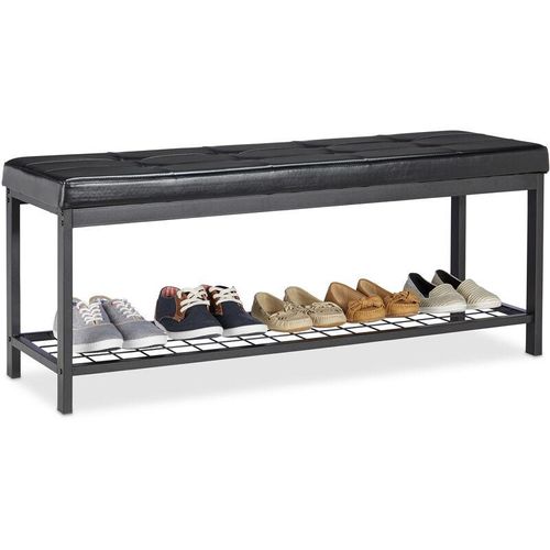 4052025948245 - Relaxdays Schuhbank XXL bequemes Sitzpolster offen große Gitterablage für Schuhe Metall HxBxT 49x115x40cm schwarz