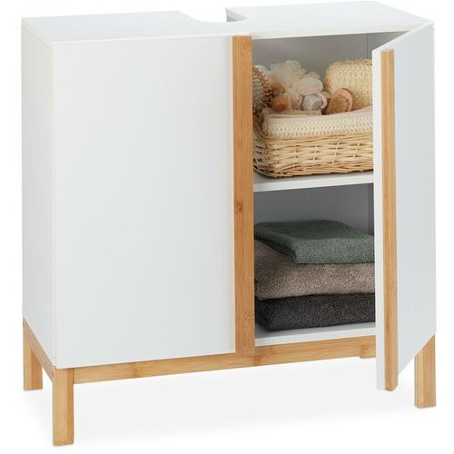 4052025250157 - Waschbeckenunterschrank 2 Fächer Badschrank mdf & Bambus Waschbeckenschrank hbt 605x60x305cm Weiß Natur - Relaxdays