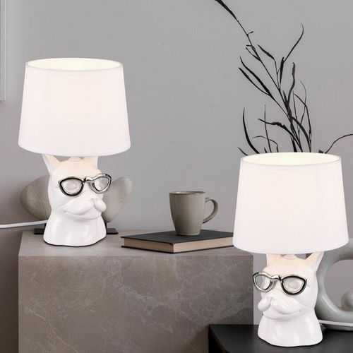4059157378919 - Tischlampe Keramik Nachttischlampe für Schlafzimmer Esszimmerlampe Tischleuchte Modern Hund mit Brille chrom weiß Textil 1x E14 Fassung DxH 18x29 4059157378919 - Tischlampe Keramik Nachttischlampe für Schlafzimmer Esszimmerlampe Tischleuchte Modern Hund mit Brille chrom weiß Textil 1x E14 Fassung DxH 18x29