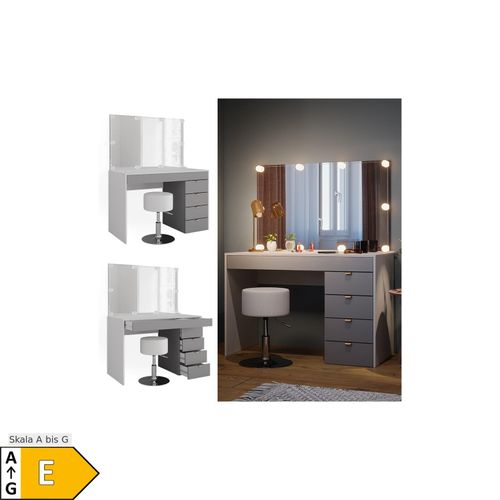 4066731347582 - Schminktisch Elise Weiß Grau 115 x 76 cm modern Frisiertisch Schubladen Spiegel Hocker LED-Beleuchtung