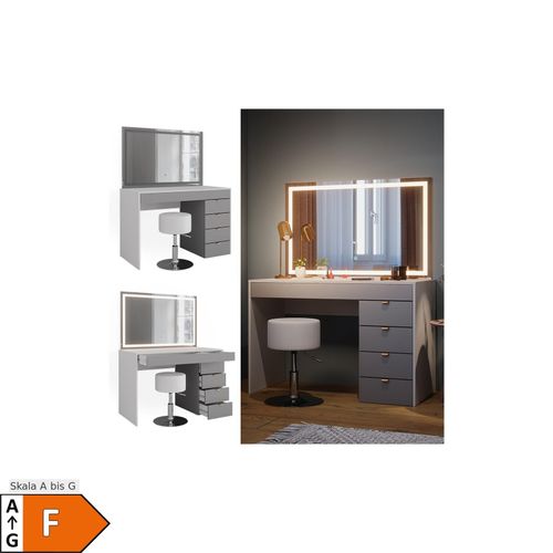 4066731347605 - Schminktisch Elise Weiß Grau 115 x 76 cm modern Frisiertisch Schubladen LED-Spiegel Hocker