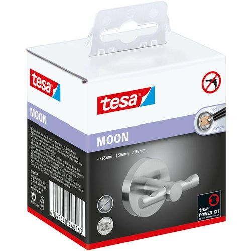 4042448448163 - Moon Handtuchhaken verchromter Edelstahl - Bad-Haken zur Wandbefestigung ohne Bohren inkl Klebelösung - 53 mm x 65 mm x 50 mm - silber matt - Tesa