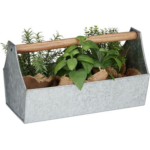 4052025924645 - Blumenkasten Holzgriff Blumen Pflanzen & Kräuter Deko Werkzeugkasten Eisen HxBxT 20 x 36 x 20 cm silber - Relaxdays