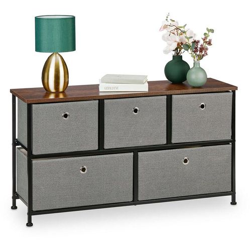 4052025488727 - Relaxdays - Kommode HxBxT 545 x 100 x 30 cm Sideboard Stoff & Stahl 5 Schubladen Industrial Flurkommode grau braun