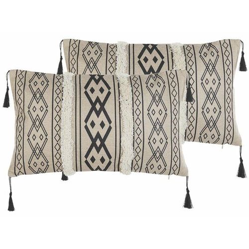 4251682271066 - Beliani - Dekokissen 2er Set Beige   Schwarz 50 x 30 cm Polyester mit Fransen Reißverschluss Zierkissen für Küche Esszimmer Wohnzimmer Salon Flur