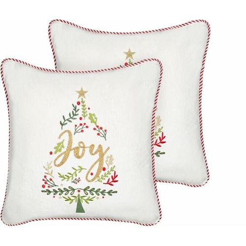 4255664846860 - Dekokissen 2er Set Weiß Samtbezug mit Füllung Schriftzug Quadratisch 45x45 cm Weihnachtsmotiv Tannenbaum Reißverschluss Wohnzimmer Schlafzimmer