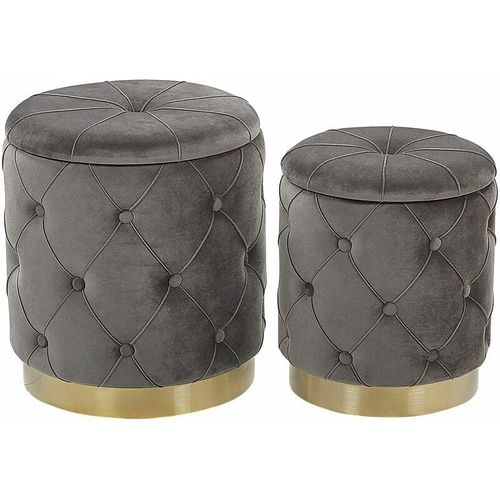 4251682242547 - Beliani - Pouf 2er Set Grau Samtstoff Gesteppt mit Stauraum Goldener Metallring Runde Form Chesterfield Stil Retro Wohnzimmer Schlafzimmer Flur Modern