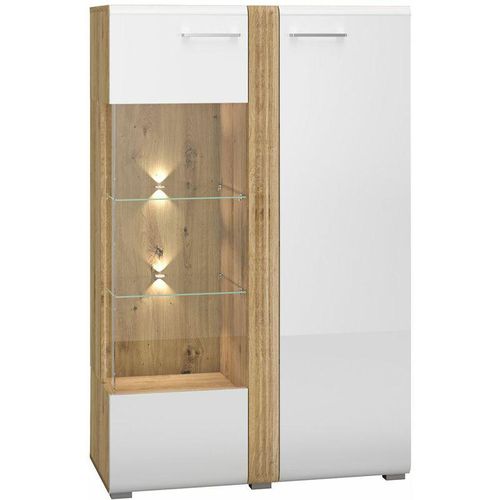 4066075095569 - Lomadox - Highboard Vitrine Eiche Castello Nb mit weiß Hochglanz AKRON-131 mdf Fronten mit filigraner Fräsung b h t ca 92 143 42 cm