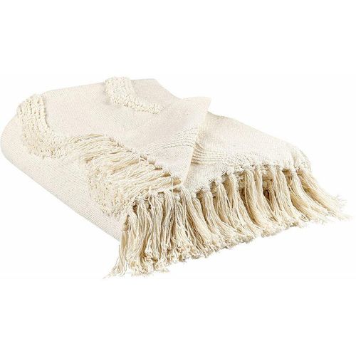 4255664802460 - Kuscheldecke Hellbeige Baumwolle 125 x 150 cm Geometrisches Muster Modern mit Fransen Handgewebt Schlafzimmer Wohnzimmer Überwurf Wohndecke