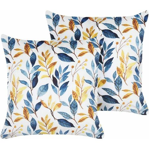 4251682290821 - Beliani - 2x Dekokissen Sofakissen Kissenhülle Couchkissen Blattmuster gelb blau 45x45 cm - Bunt