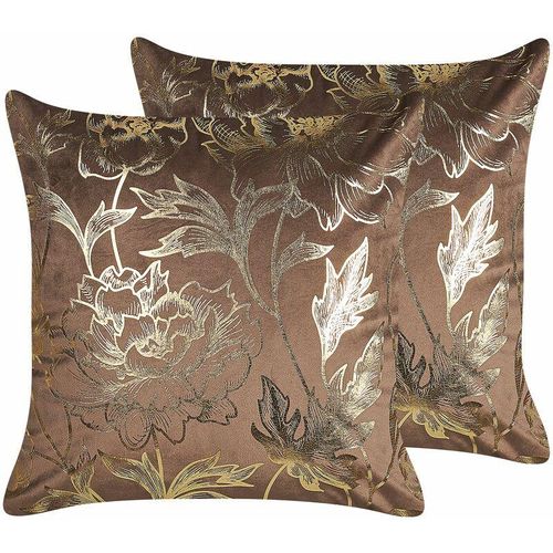 4251682285797 - Beliani - Dekokissen 2er Set Braun Samtstoffbezug mit Polyester-Füllung 45x45 cm Pflanzenmotiv Gold Blumenmuster Accessories Wohn- u Schlafzimmer