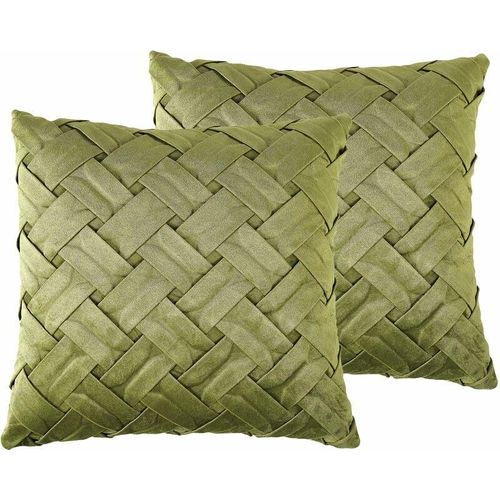 4251682283052 - Dekokissen 2er Set Grün Samtstoffbezug mit Polyester-Füllung 43x43 cm geflochtenes Muster Modern Accessories Wohn- u Schlafzimmer Flur Diele