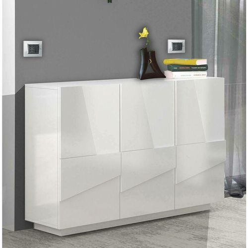 8052773603157 - Eingangsmöbel mit 3 Türen und Innenregalen Made in Italy Moderne Eingangshalle Sideboard für Atrium 121x38h86 cm glänzend weiße Farbe - Dmora