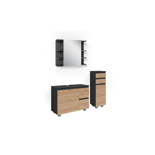 4066731058686 - Badmöbelset J-shape Anthrazit Eiche modern Badezimmer Schrank Badschrank Waschtischunterschrank Spiegelschrank Midischrank Schranktür Schrankschublade Schrankfach Ablage Aufbewahrung