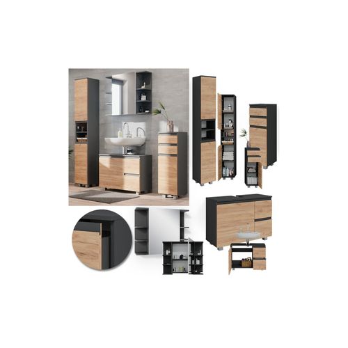 4066731058709 - Badmöbelset J-shape Anthrazit Eiche modern Badezimmer Schrank Badschrank Waschtischunterschrank Spiegelschrank Midischrank Hochschrank Schranktür Schrankschublade Schrankfach Ablage Aufbewahrung