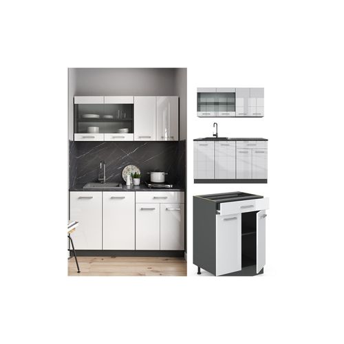4251421956438 - VICCO Küchenzeile R-LINE SINGLE Einbauküche 140 cm Küche Küchenblock Singleküche Anthrazit Weiß Hochglanz