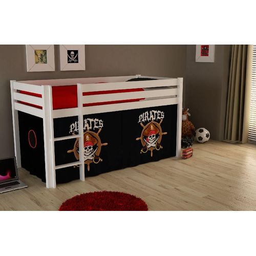 5420070212427 - Kinderzimmer Spielbett mit Leiter PINOO-12 incl Textil Set Pirates in Kiefer massiv weiß lackiert b h t ca 210 114 106 cm - weiß