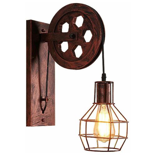 6033797091665 - Axhup - Wandleuchte Innen Kreativ Flaschenzug Wandlampe Vintage Industri Wandlampe mit Metallkäfig für Wohnzimmer Schlafzimmer Roter Rost